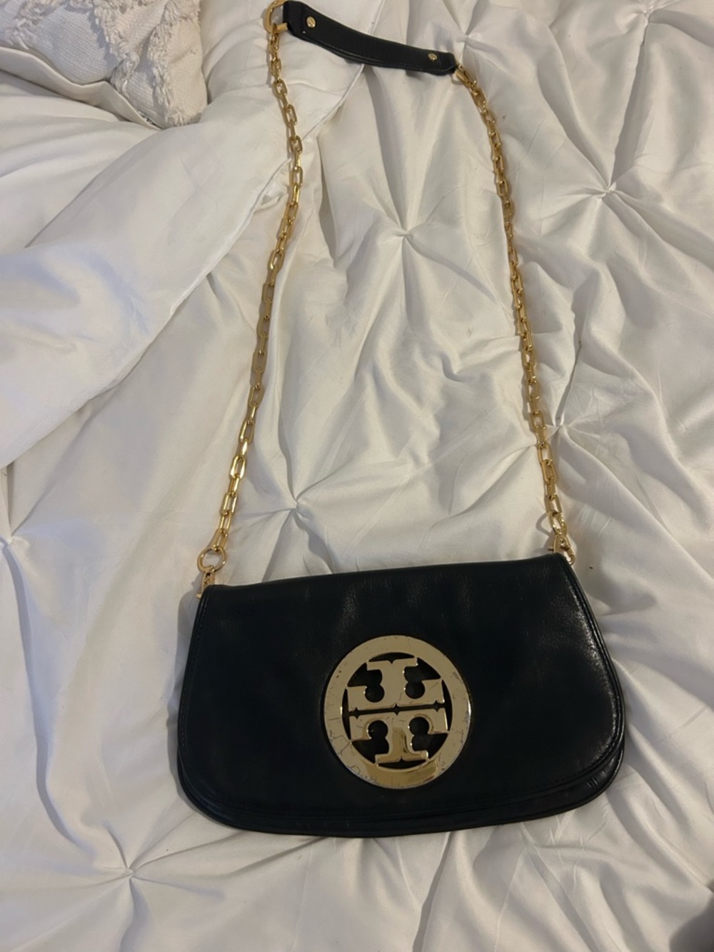 Tory Burch Black Leather Clutch with Gold Logo Medallion